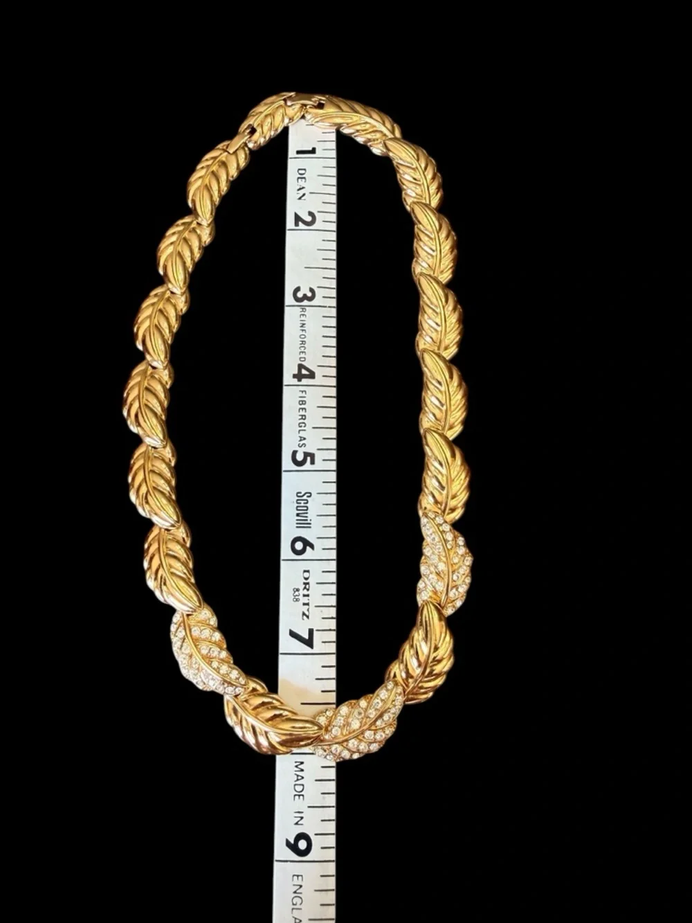 Vintage Monet Gold Tone Rhinestone Leaf Link Collar Necklace Signed 1980s
